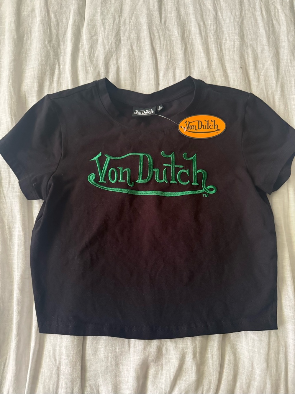 Von Dutch Black Tee with Green Logo size small. New with tags